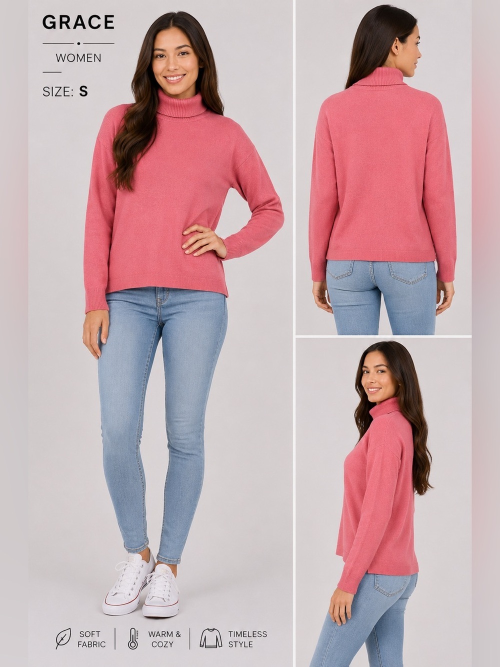 GRACE pink women turtle neck sweater size S